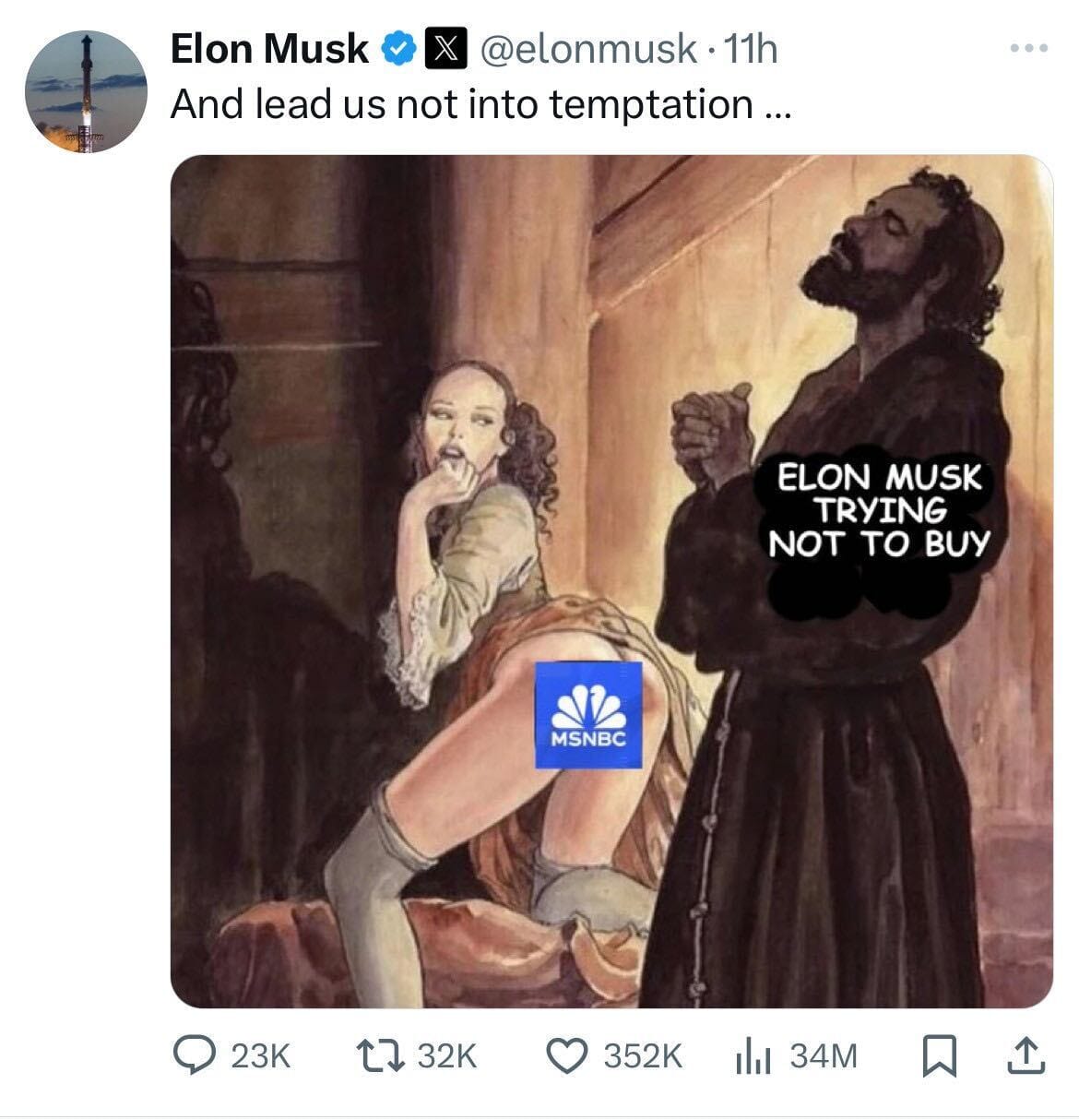 Screenshot / Twitter: One of several posts in which Musk "jokes" about buying MSNBC