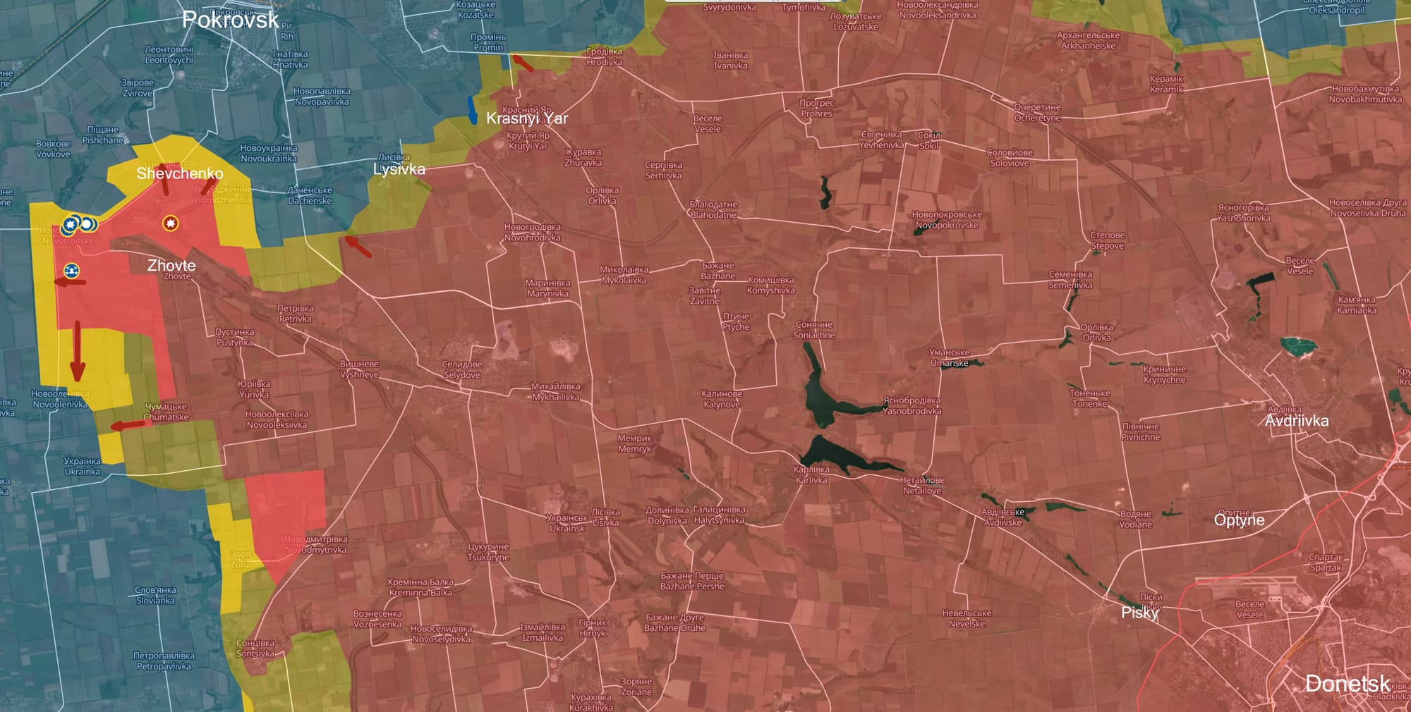 Map of area from Donetsk to Pokrovsk