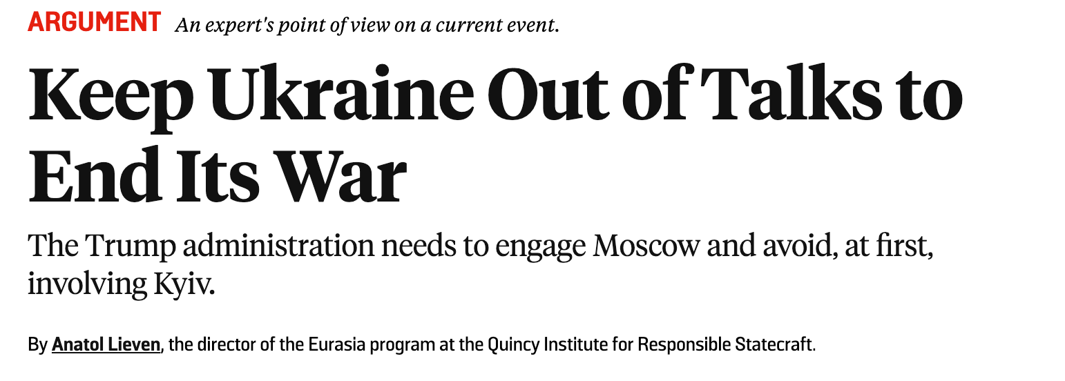 Image showing "Keep Ukraine out of talks to end its war" headline.