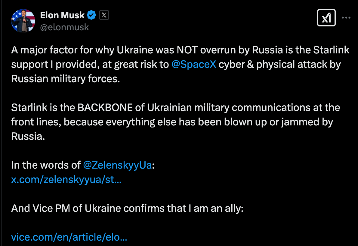 Screenshot of Twitter post in which Musk claims credit for gifting Starlink to Ukraine